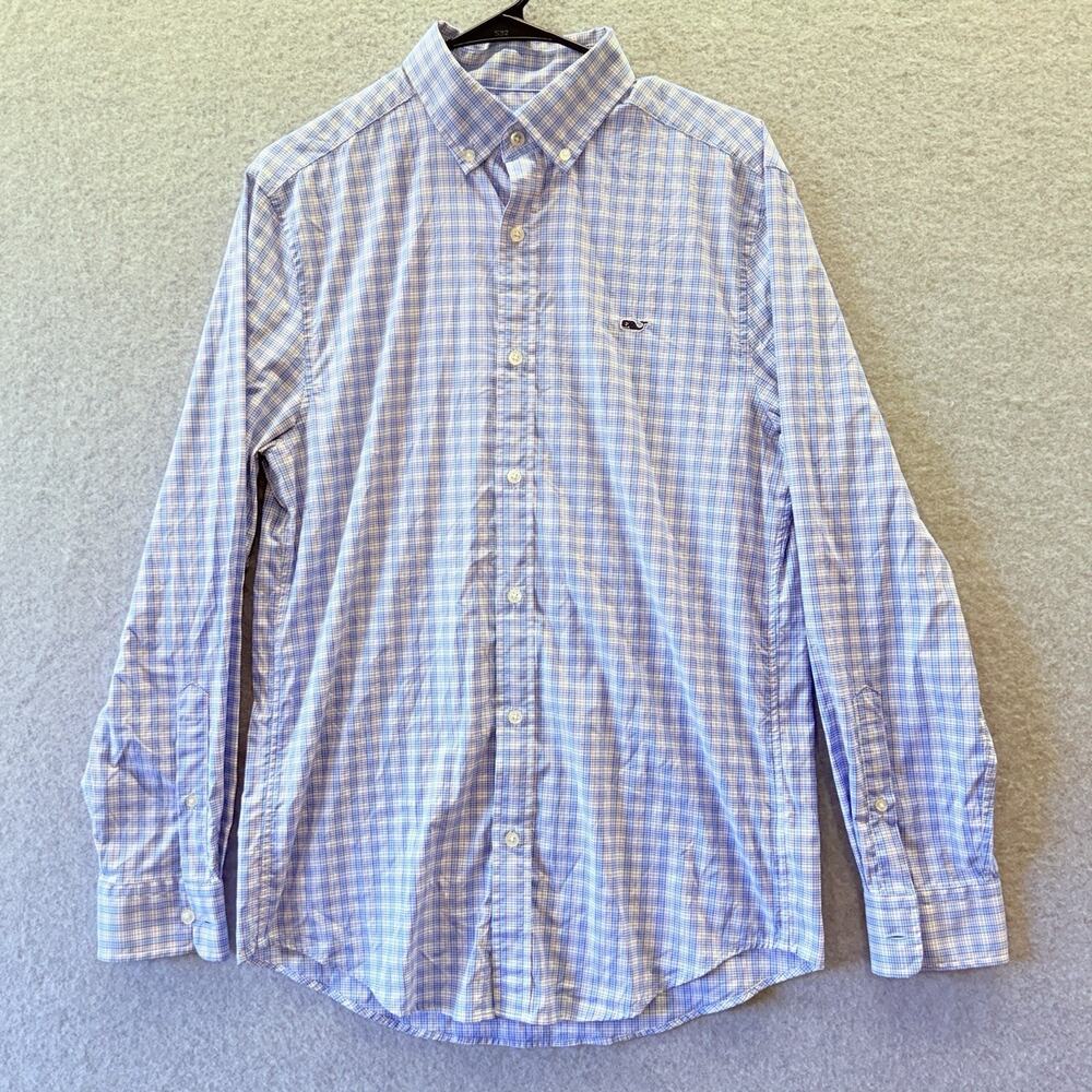 Vineyard Vines Shirt Mens Small Blue Plaid Classic Fit Whale Long Sleeve Stretch